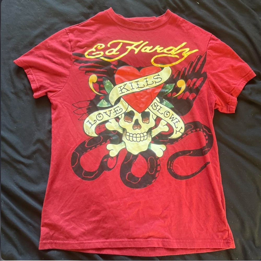 Ed Hardy Burgundy Tee with Gold Accents